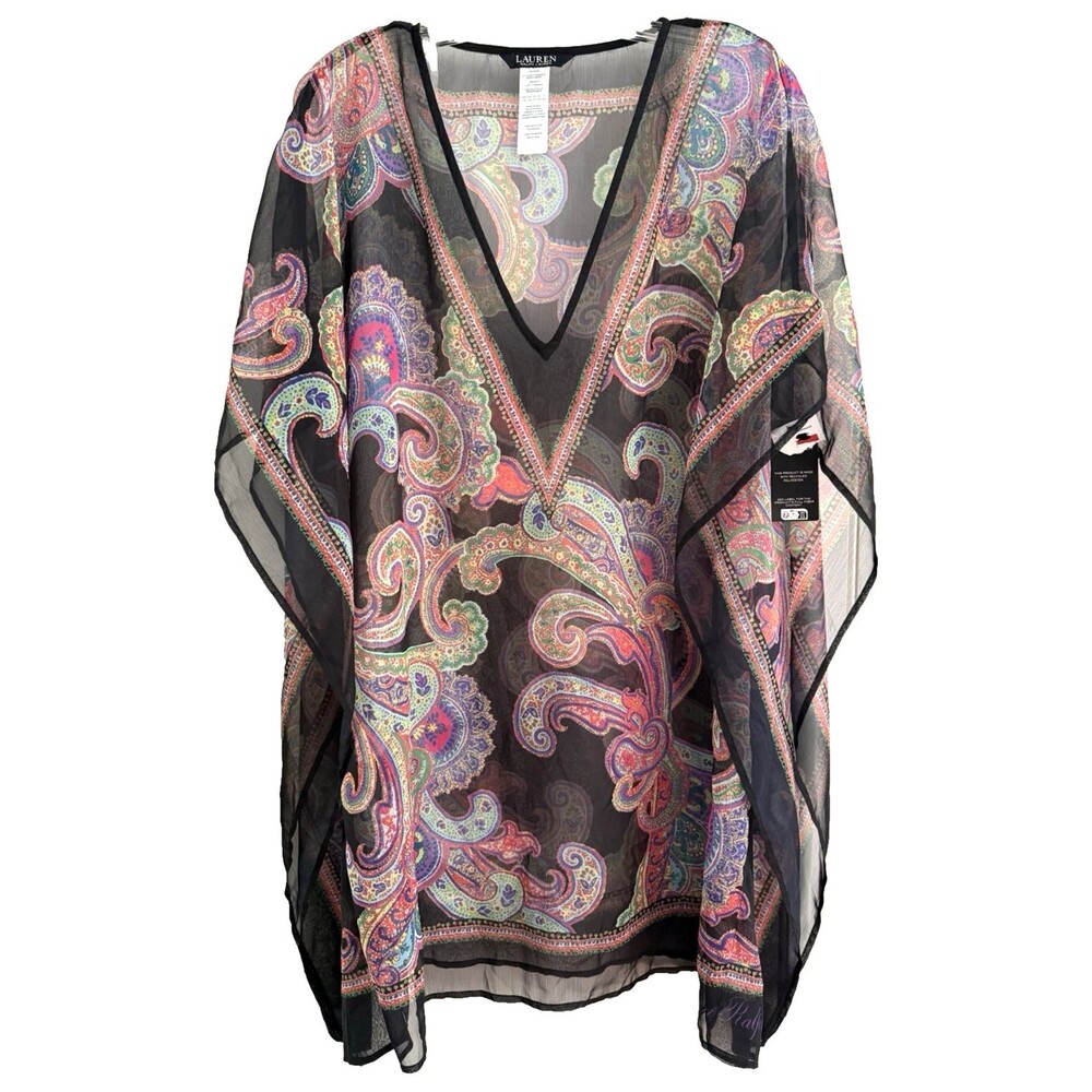 Lauren Ralph Lauren Sheer Paisley Chiffon Kaftan Cover Up V-Neck Multicolor S/M